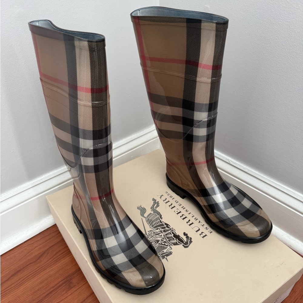 Burberry Classic Check Rain Boots in Beige, Black & Red